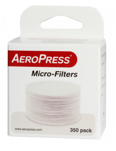 Balta mikro filtrų pakuotė kavai ruošti, raudonas užrašas Aeropress