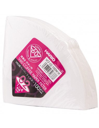 Permatoma plastikinė kavos filtrų pakuotė su rožine etikete ir baltu tekstu