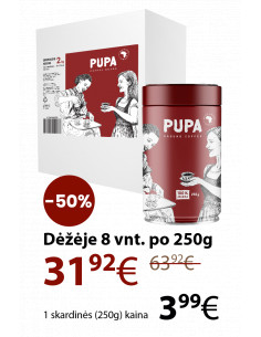 Balta dėžė su raudonu PUPA kavos lipduku, šalia kava PUPA raudona skardinė. Informacinis tekstas apie 50% nuolaidą