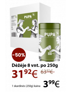 Balta dėžė su 8 vienetais kavos PUPA, žalia pakuotė. Informacinis tekstas apie 50% nuolaidą