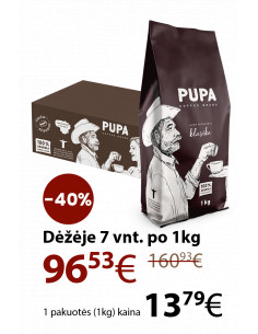 Ruda pupa kavos dėžė, šalia pupa kavos pakuotė. Nuotrauka su tekstu apie taikomą 40% nuolaidą kavai