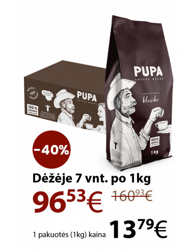 Ruda pupa kavos dėžė, šalia pupa kavos pakuotė. Nuotrauka su tekstu apie taikomą 40% nuolaidą kavai