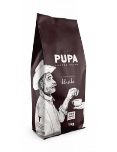 Tamsiai ruda kavos pakuotė, baltai nupieštas vyras su kavos puodeliu